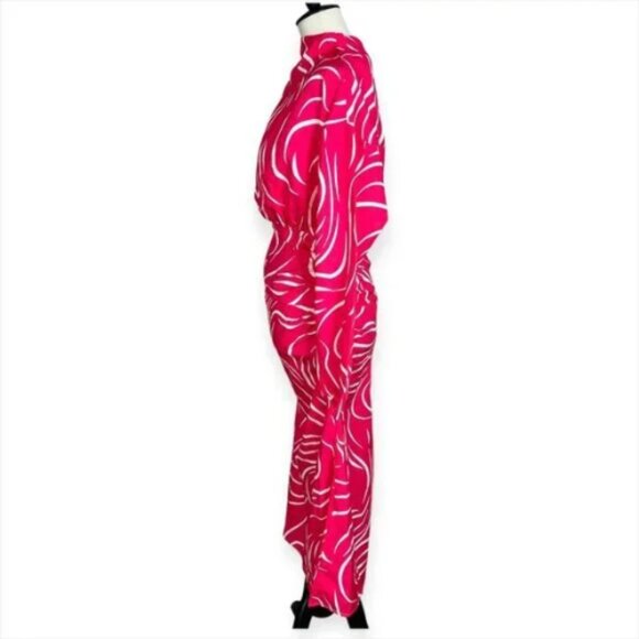 Shein Pink Zebra Printed Ruched Maxi Dress Mock Neck Satin Sz Small US‎ 4 - Picture 2 of 10